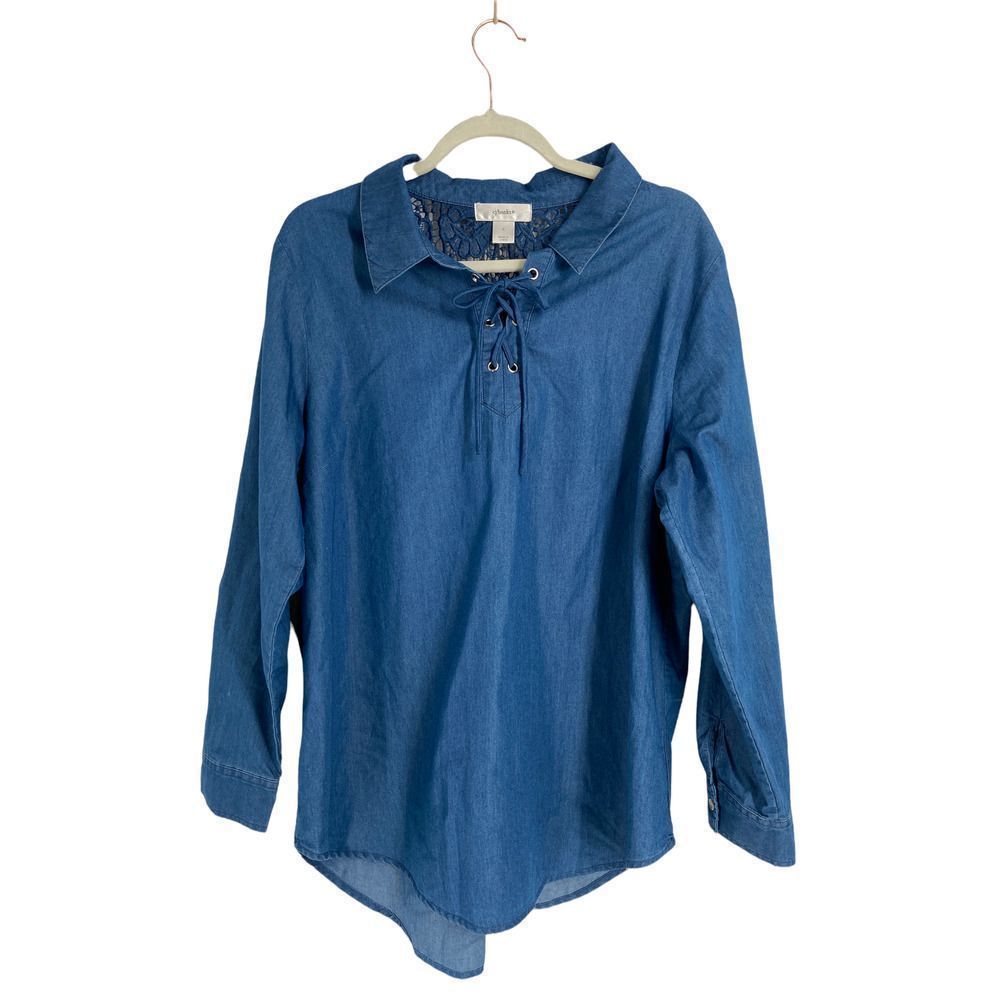 cj banks Blue Chambray Embroidered Details Lace Up Long Sleeve Top‎ X - Picture 2 of 6